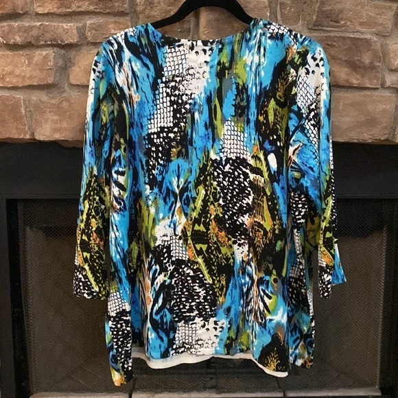 Prima Bella colorful blue and black cardigan with colorful sequin throughout. 2X - Picture 2 of 9